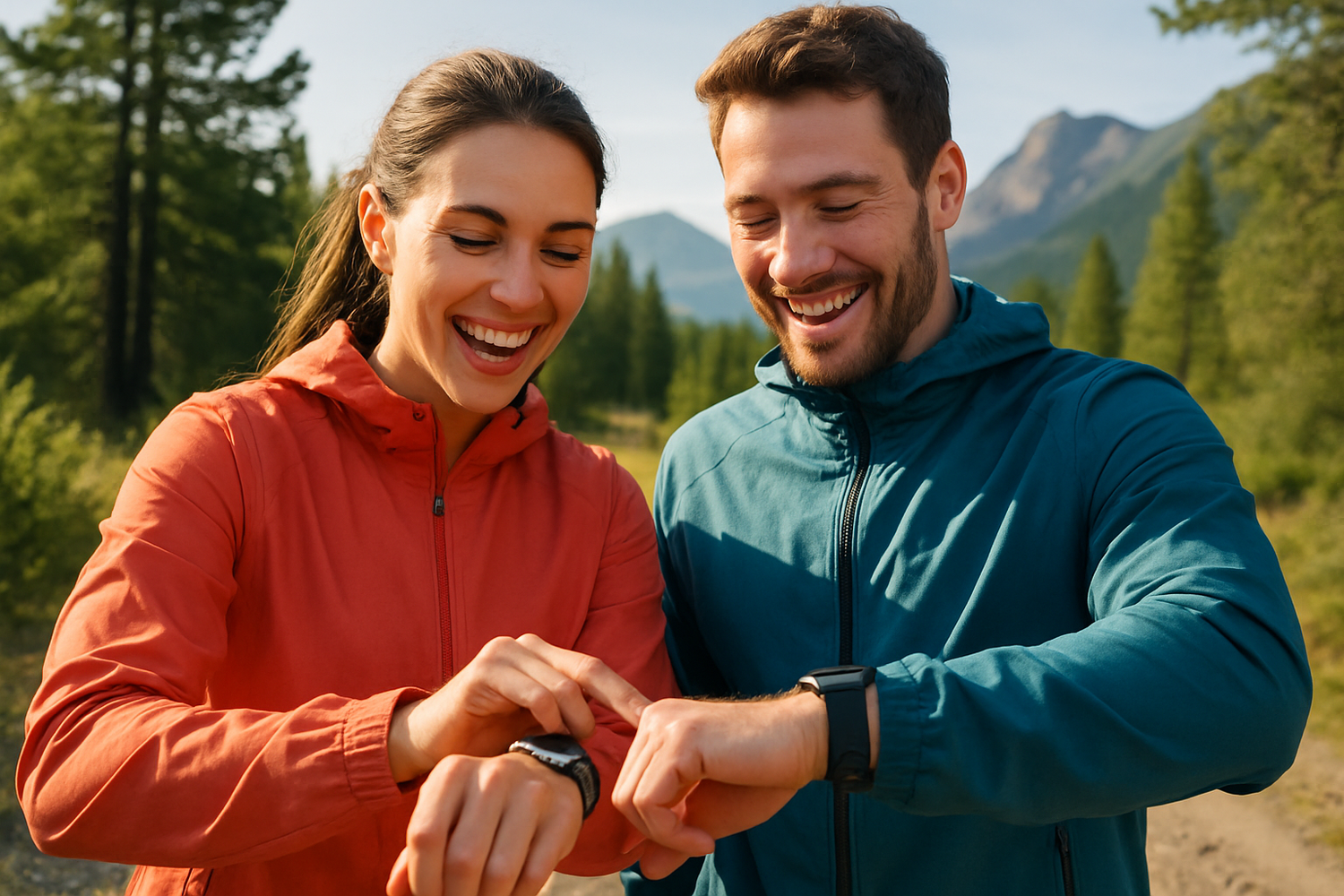 une images realiste d'un couple aux sport portant des veste de sport en plein nature qui fixe leurs montre connécter aux poignée avec un grand sourir